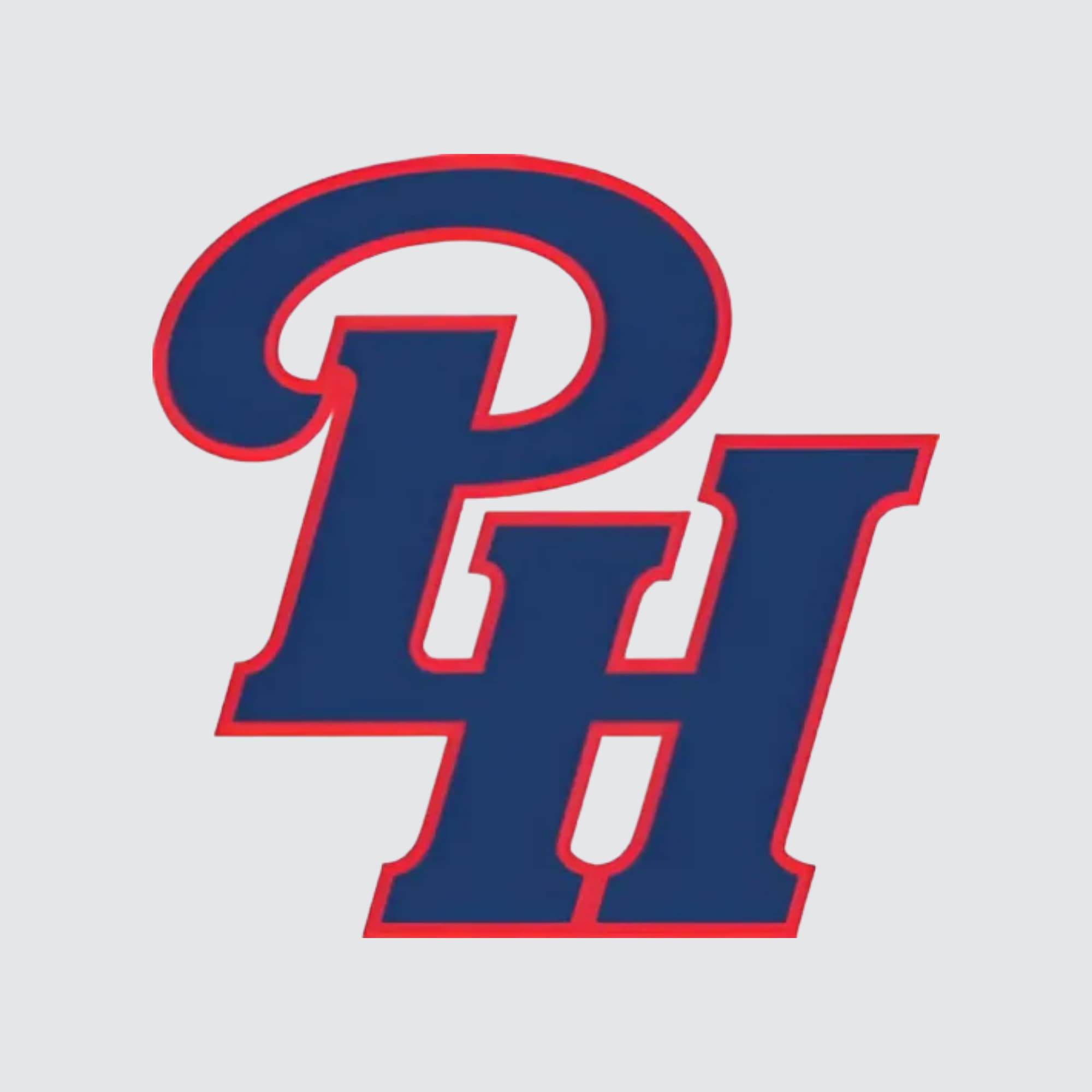 Logo with two interlinked uppercase letters P and H in blue with red outlines on a light gray background.